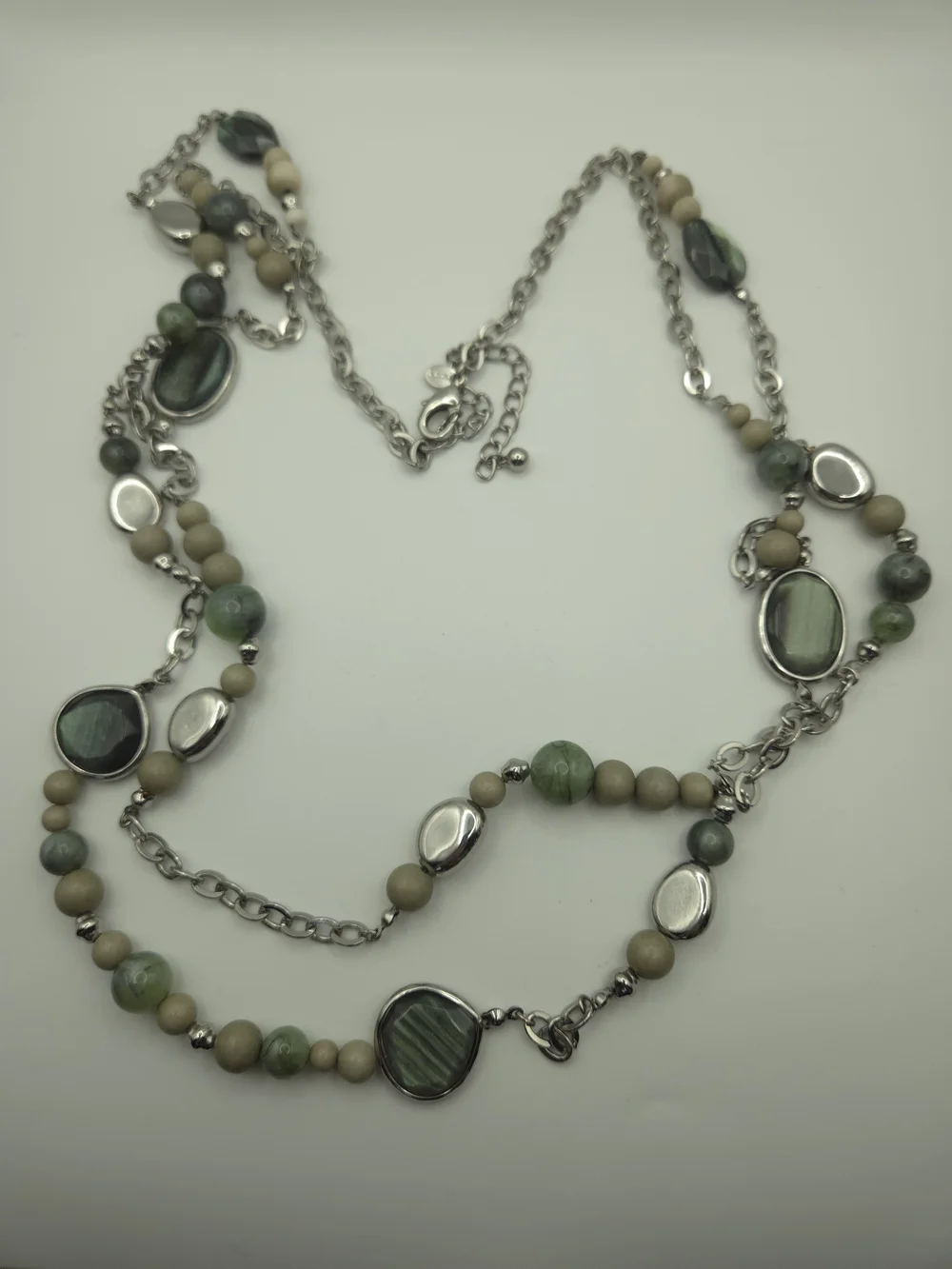 Chico's Green Labradorite Bead Multi-Strand Necklace Silver Accents Nature Fairy